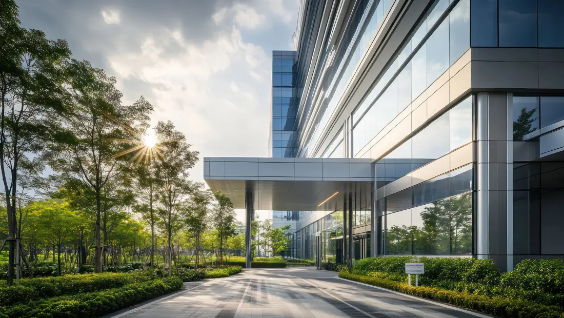 Modern glass office building with a covered entrance and sun peeking through trees along a paved walkway